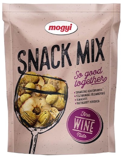 Mogyi Snack mix a mixture of Multigrain Croutons with a rosemary flavor, fried peanuts in a cheese-flavored shell, dried apple pieces and roasted cheese-flavored corn
