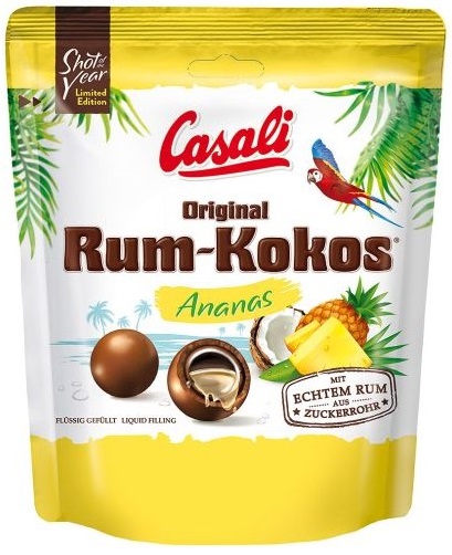 Casali Rum-Coconut coconut dragees with a liquid filling with the addition of rum with pineapple flavor