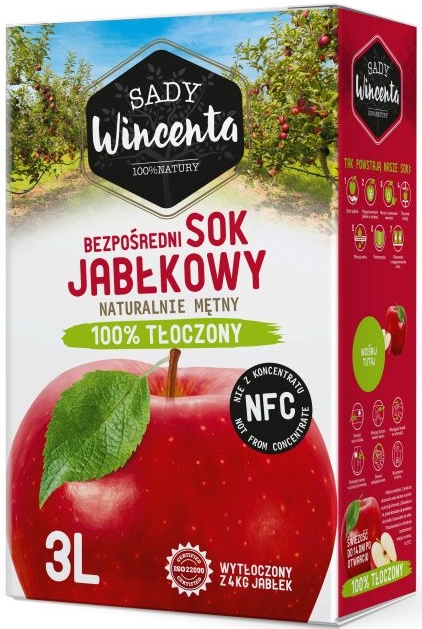 Sady Wincenta sok jabłkowy 100% Tłoczony naturalnie mętny