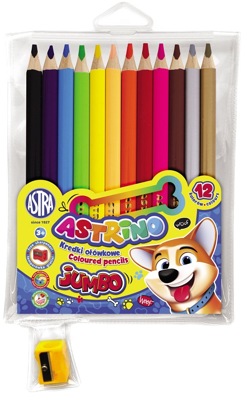 Astra Astrino Chalk Jumbo Dreiecksstifte 12 Farben in Holz + Spitzer mit Spitzer
