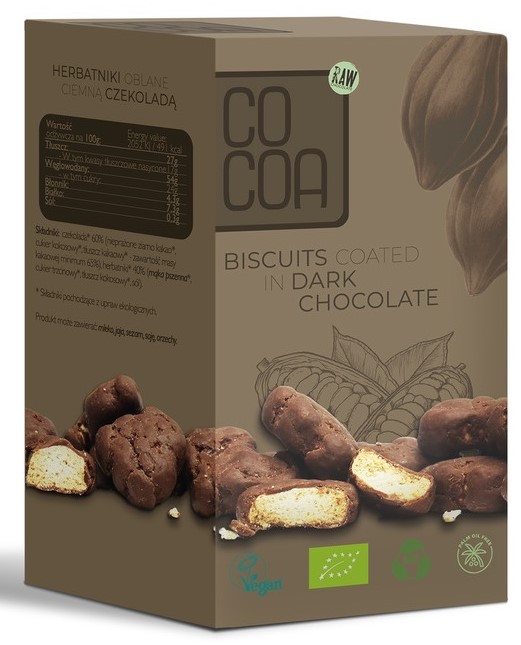 Cocoa biscuits coated in dark BIO chocolate