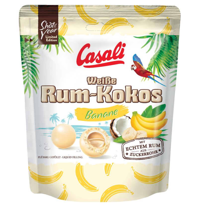 Casali Rum-Kokos-Kokos-Dragees mit flüssiger Füllung mit Bananen-Rum