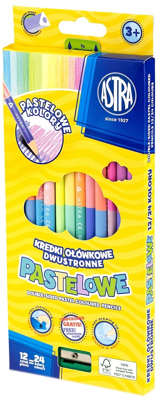 Astra Kredki ołówkowe dwustronne pastelowe trójkątne 12 sztuk/24 kolory  z temperówką