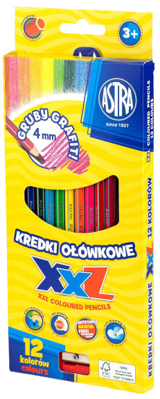 Astra Kredki ołówkowe  heksagonalne XXL 12 kolorów z temperówką