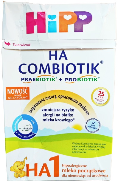 Uszkodzone opakowanie zewnetrzne HIPP HA1 COMBIOTIK Preparat do początkowego żywienia niemowląt, od urodzenia