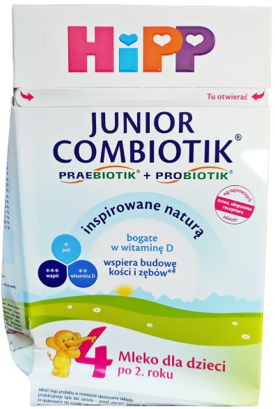 Uszkodzone opakowanie zewnętrzne HIPP 4 JUNIOR COMBIOTIK Produkt na bazie mleka dla małych dzieci, powyżej 2. roku życia