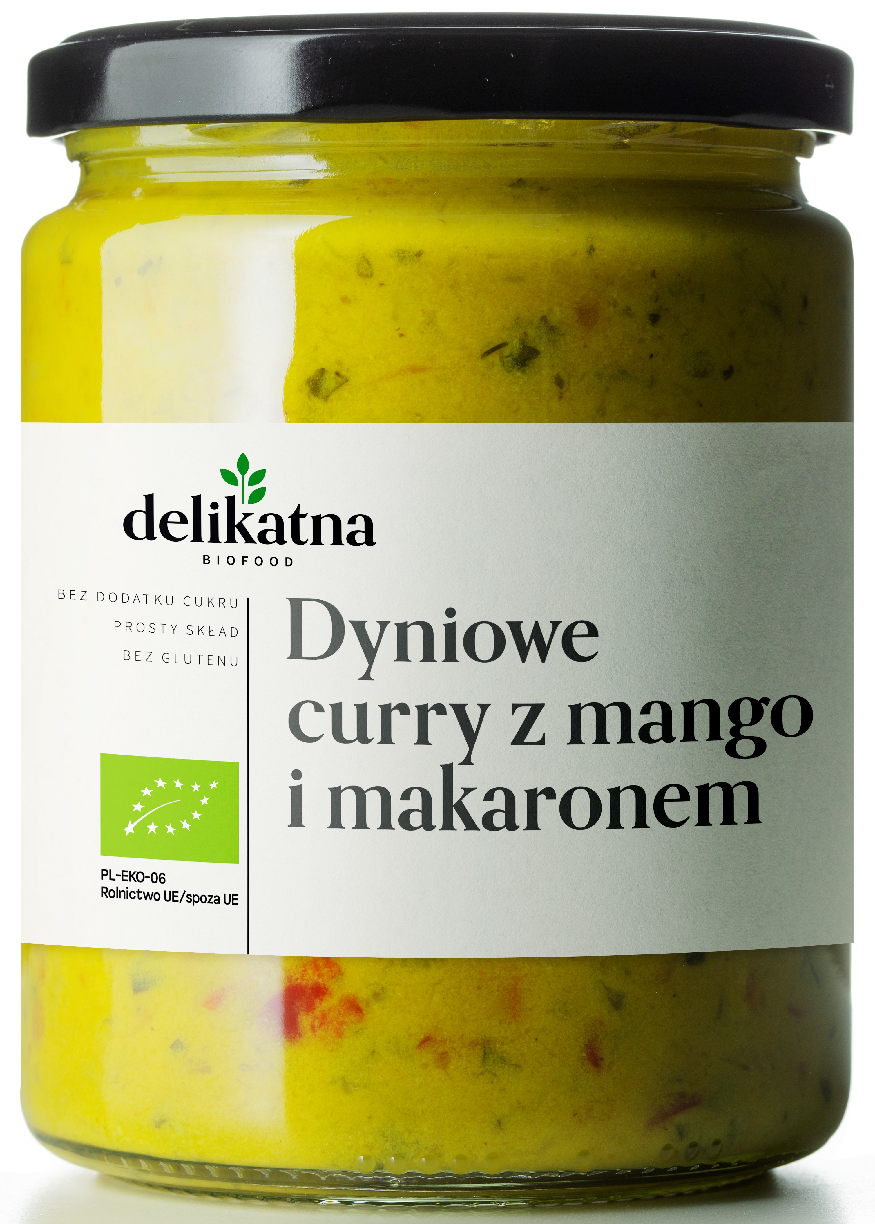 Delicado para llevar Curry de calabaza con mango y fideos BIO, producto vegano.