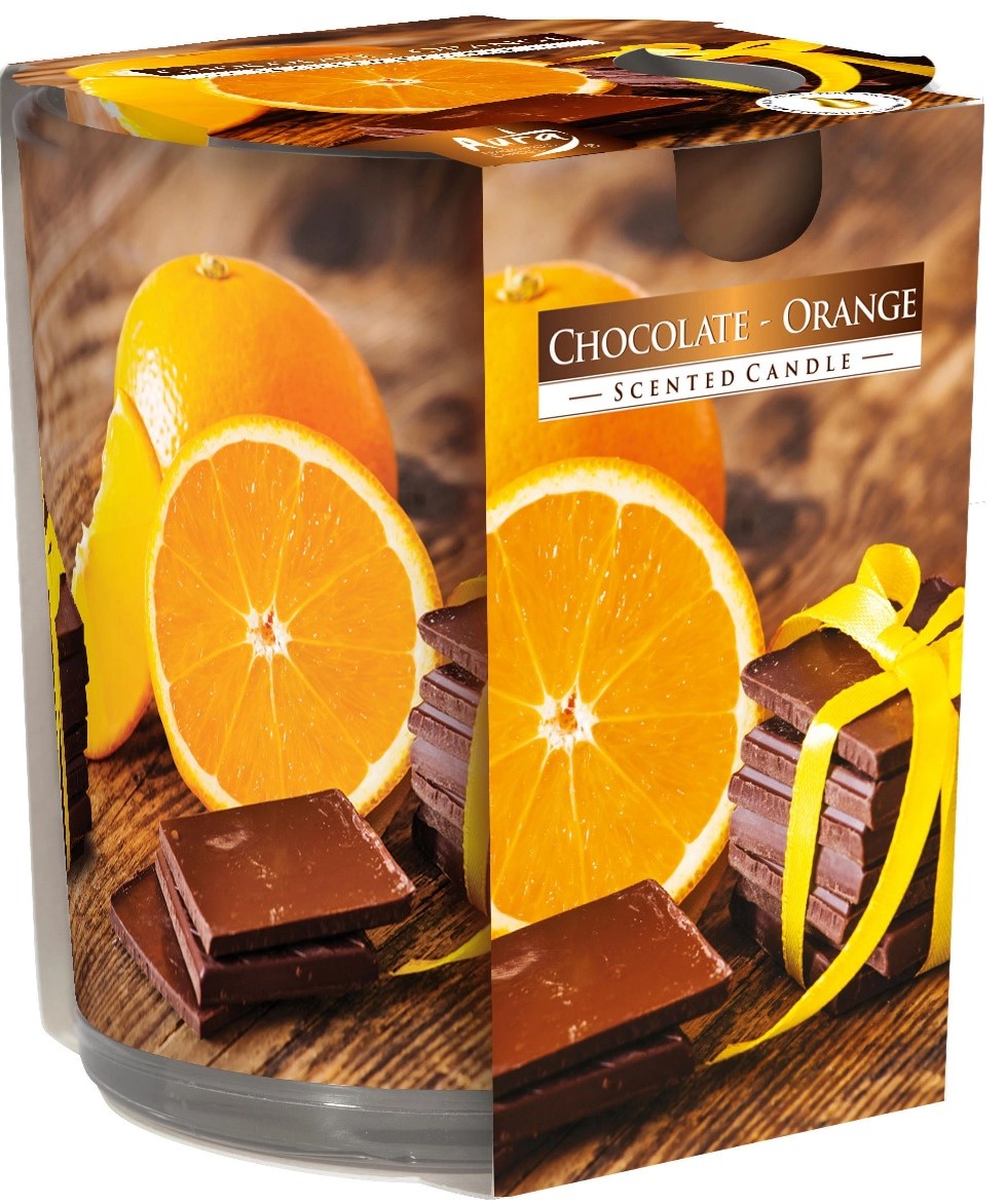 Vela aromática Bispol en vaso chocolate-naranja