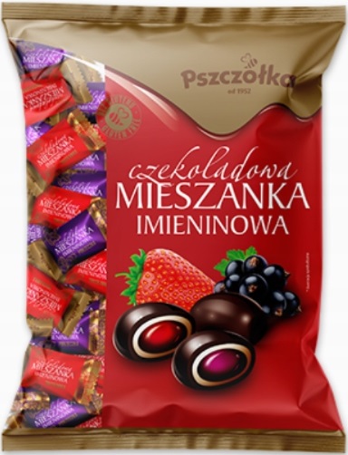 Pszczółka Schokoladen-Namenstag-Mischung, mit Erdbeeren und schwarzen Johannisbeeren gefüllte Karamellen in Schokolade