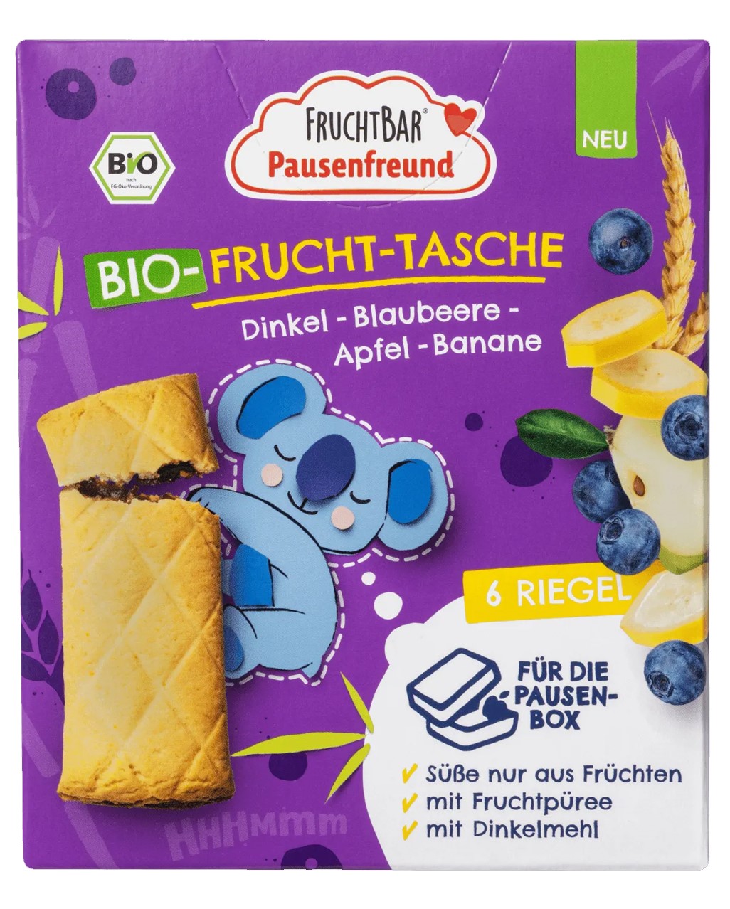 Fruchtbar Organic spelled cookies with fruit filling, blueberry, apple and banana