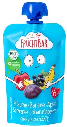 Fruchtbar Bio-Fruchtmousse Pflaume, Banane, Apfel, schwarze Johannisbeere