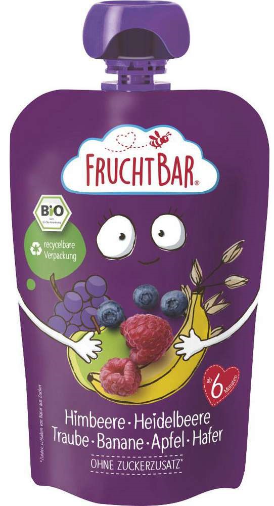 Fruchtbar Bio-Fruchtmousse mit Getreidekörnern – Himbeere, Heidelbeere, Traube, Banane, Apfel, Hafer