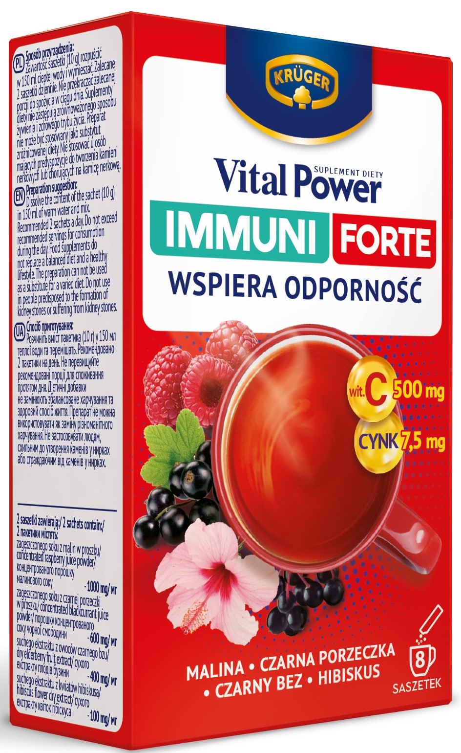 Krüger Vital Power Immuni Forte Wspiera odporność Malina , Czarny bez Czarna porzeczka , Hibiskus, Witamina C