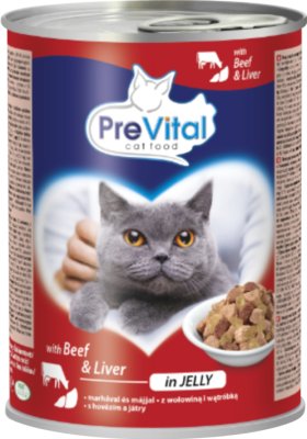 PreVital Полнорационный корм для взрослых кошек с говядиной и печенью в соусе.