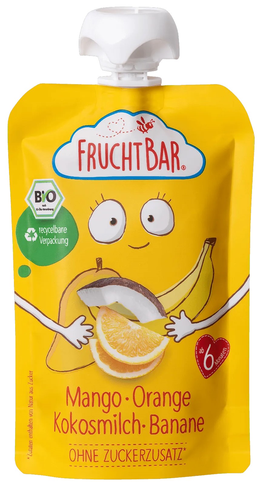 Fruchtbar Puré de frutas ecológicas: mango, naranja, leche de coco, plátano