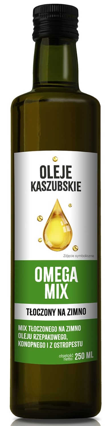 Kaschubisches Öl Omega Mix Oil, eine Mischung aus kaltgepresstem Rapsöl, Hanföl und Nachtkerzenöl 