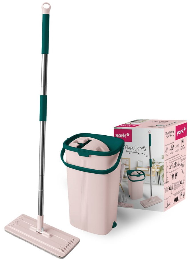 York Handy flat squeeze mop for cleaning floors + two-chamber bucket + foldable stick 