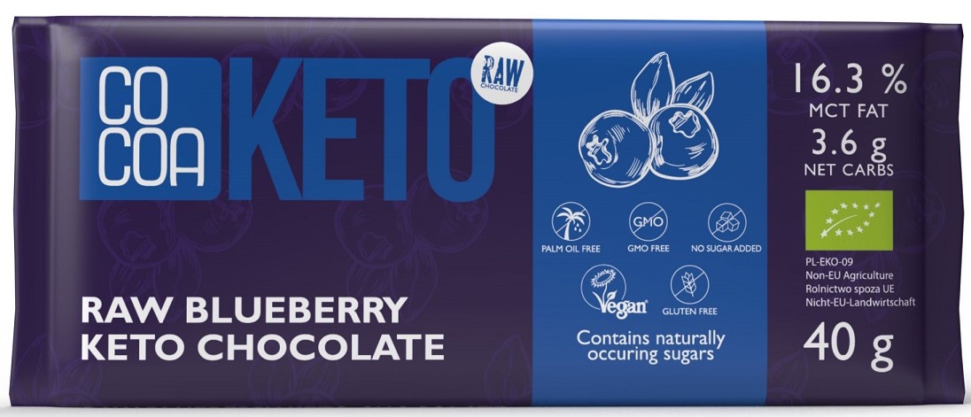 Kakao-Schokolade mit Beeren und MCT-Öl, ohne Zuckerzusatz, glutenfreies Keto BIO 