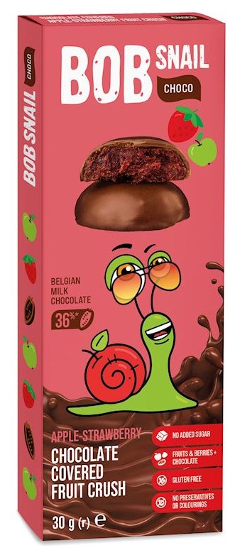 Bob Snail Ślimak Bob Przekąska  choco jabłko-truskawka w mlecznej czekoladzie  belgijskiej bez dodatku cukru bezglutenowa BIO