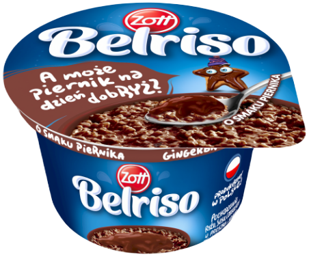 Zott Belriso Postre de leche sabor chocolate con arroz y salsa de chocolate sabor pan de jengibre