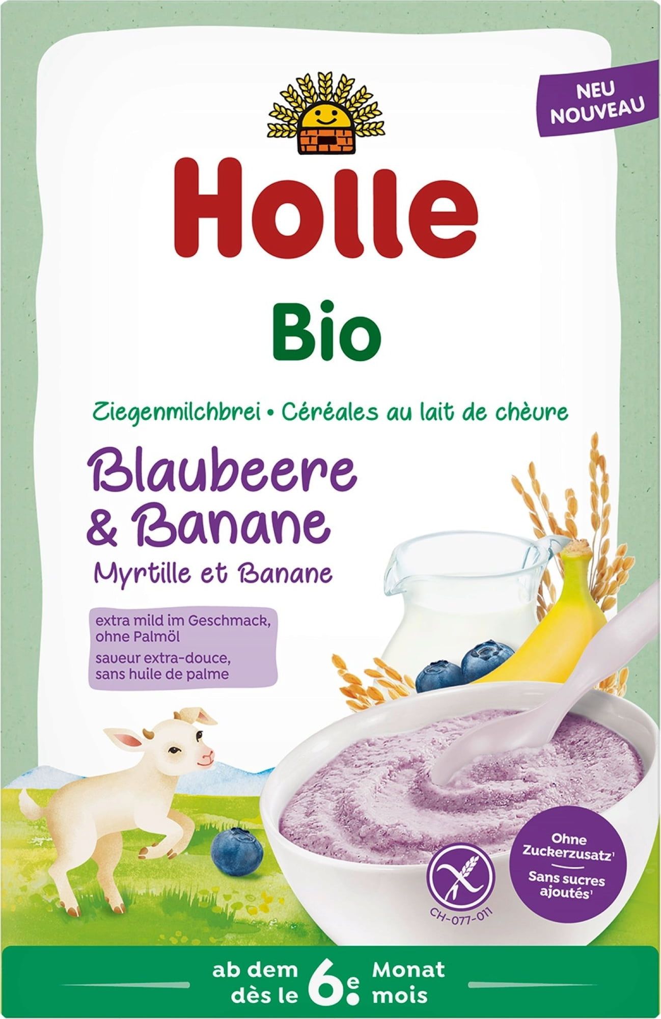Holle Ekologiczna kaszka mleczna ryżowa na bazie mleka koziego, jagodowo-bananowa