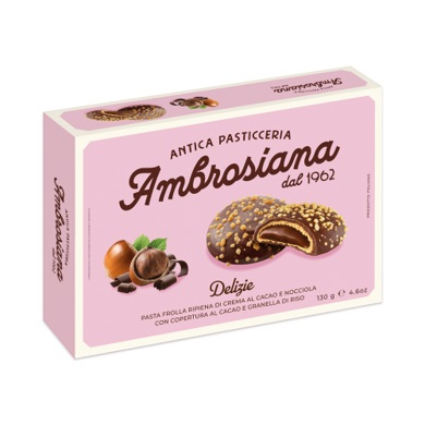 Antica Pasticceria Ambrosiana Kruche ciastka nadziewane kremem orzechowo- kakaowym z polewą kakaową i ryżem preparowanym