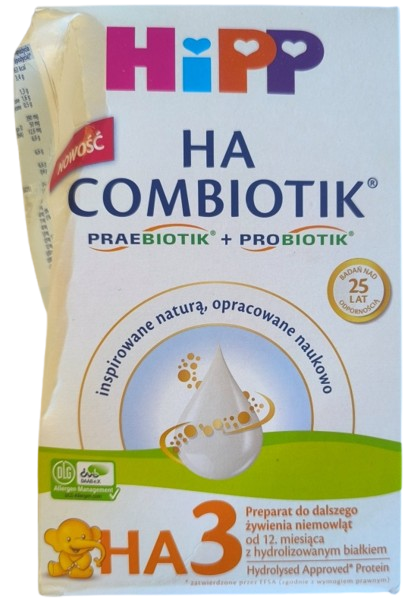 Uszkodzone opakowanie zewnętrzne HiPP HA 3 Combiotik Preparat do dalszego  żywienia niemowląt