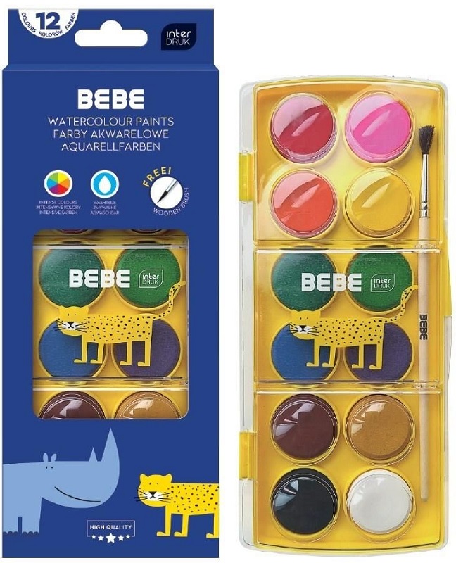 Interdruk Farby akwarelowe z pędzelkiem Bebe Kids 12 kolorów