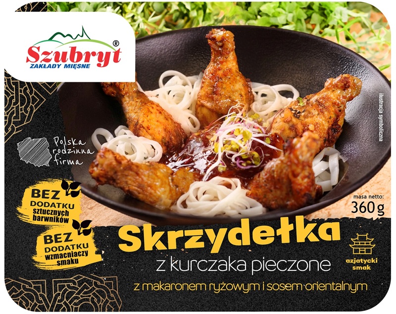 Szubryt Skrzydełka z kurczaka  panierowane pieczone z makaronem ryżowym i sosem  orientalnym