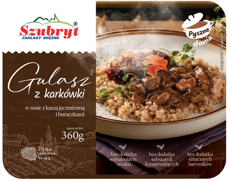 Szubryt Gulasz z karkówki w sosie  z kaszą jęczmienną i buraczkami
