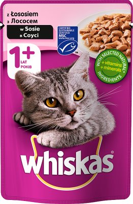 Whiskas Adult - mięsne kawałki w smakowitym sosie, karma dla dorosłych kotów z łososiem i pstrągiem