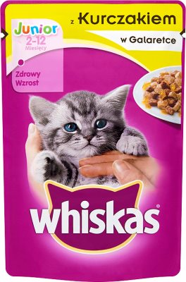 Whiskas Junior - mięsne kawałki w pysznej galaretce, dla kotów w wieku od 1 do 12 miesięcy - saszetka z kurczakiem
