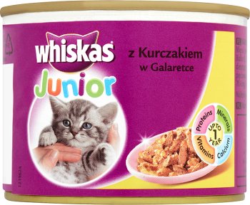 Whiskas Junior - mięsne kawałki w galaretce dla kotów w wieku od 1 do 12 miesięcy - puszka z kurczakiem