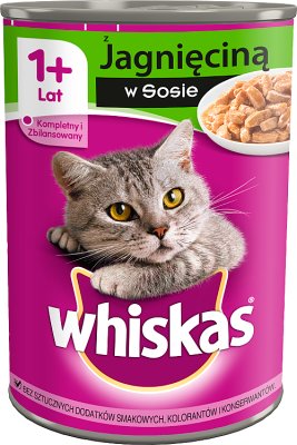 Whiskas Adult - mięsne kawałki w sosie, dla dorosłych kotów - puszka z jagnięciną i wołowiną