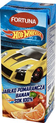 Hot Wheels 100% juice in a carton with a straw apple, orange , banana