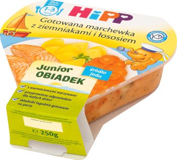 Carottes bouillies junior bio avec des pommes de terre et saumon