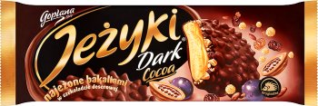 Dark Cocoa biscuits , caramel , cocoa beans , raisins and rice crisps