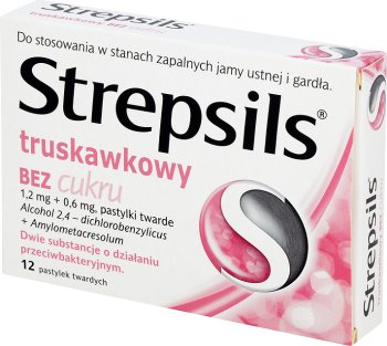 Strepsils pastylki na ból gardła, truskawkowe bez cukru