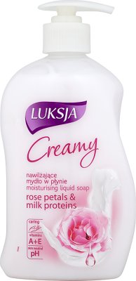 creamy liquid soap dispenser with rose petals and milk proteins
