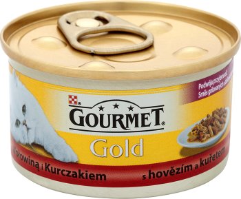 gold gourmet food for adult cats can of beef and chicken