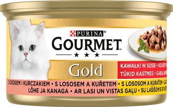 Gourmet Gold Häppchen in Soße mit Lachs und Huhn Alleinfuttermittel für ausgewachsene Katzen