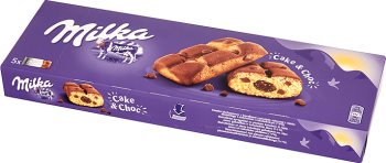 Milka Cake & Choc Ciastka biszkoptowe z kawałkami czekolady mlecznej z mleka alpejskiego i nadzieniem czekoladowym