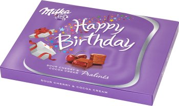 happy birthday milk chocolates pralines with cocoa filling with the taste of cherry and cherry filling