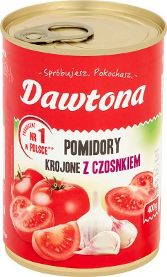 Dawtona tomates en rodajas en una lata con ajo