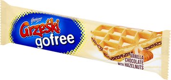 Grześki gofree waffle layered with vanilla-chocolate cream with nuts