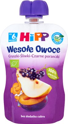 HiPP BIO Wesołe Owoce Gruszki-Śliwki-Czarne porzeczki Mus owocowy po 6. miesiącu 90 g 