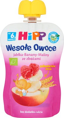 HiPP BIO Wesołe Owoce Jabłka-Banany-Maliny ze zbożami Mus owocowy po 6. miesiącu 90 g 