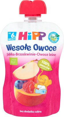 HiPP BIO Wesołe Owoce Jabłka-Brzoskwinie-Owoce leśne Mus owocowy po 6. miesiącu 90 g 