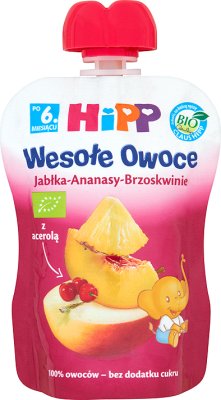 HiPP BIO Wesołe Owoce Jabłka-Ananasy-Brzoskwinie Mus owocowy po 6. miesiącu 90 g 