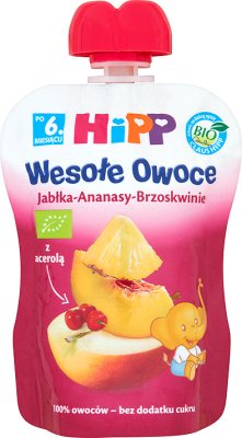 HiPP BIO Wesołe Owoce Jabłka-Ananasy-Brzoskwinie Mus owocowy po 6. miesiącu 90 g